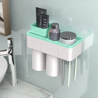 Green 2 Cups Креативный держатель для зубной щетки автоматический диспенсер для зубной пасты экструдер Магнитная присоска для зубной щетки чашка для ванной комнаты полка для хранения - Цвет: Green 2 Cups