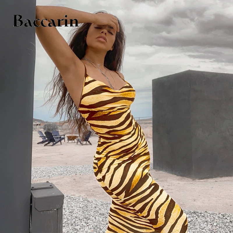 

Baccarin animal print zebra women midi long dress bodycon sexy streetwear party 2020 summer clothes outfit clubwear sundress