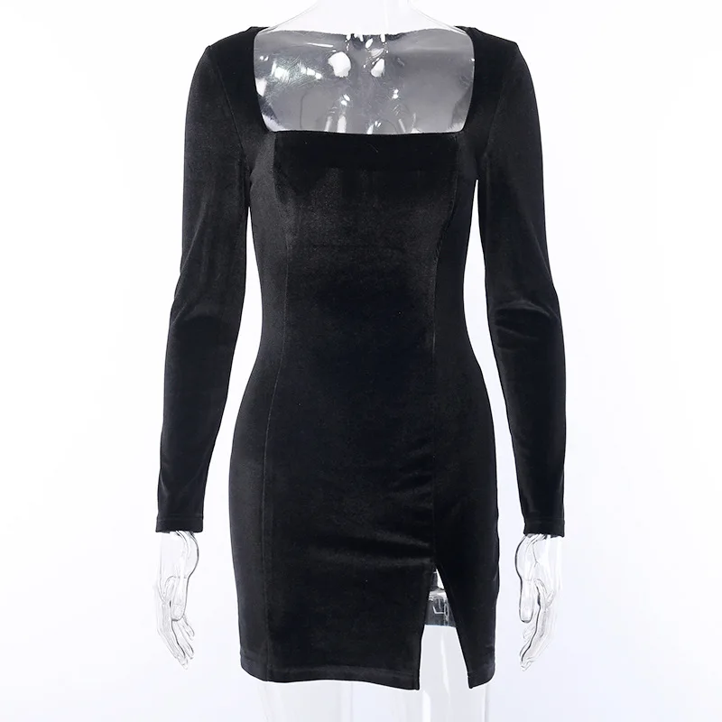 

Women's Square Collar Plush Long-Sleeved Dress With Hips All-Match Split Mini Skirt Solid Color Party Clothing