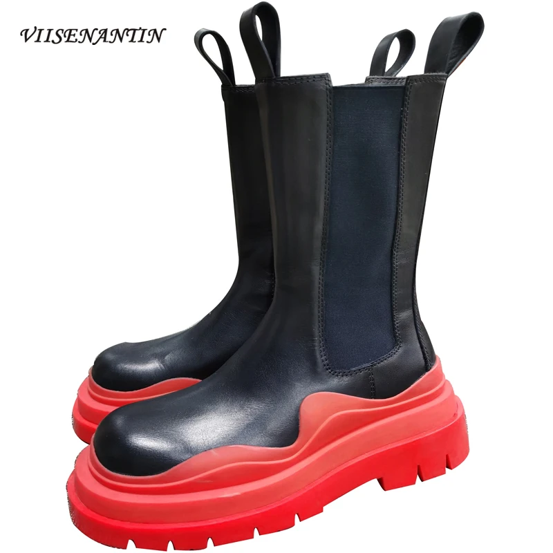 

Новинка, модные женские сапоги до середины икры на массивном каблуке, водонепроницаемые сапоги Челси без шнуровки, женские дизайнерские са...