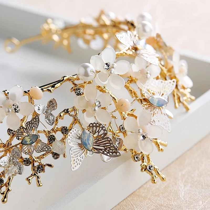 Тиары короны для невесты FORSEVEN диадемы золотого цвета с бабочкой и жемчугом в