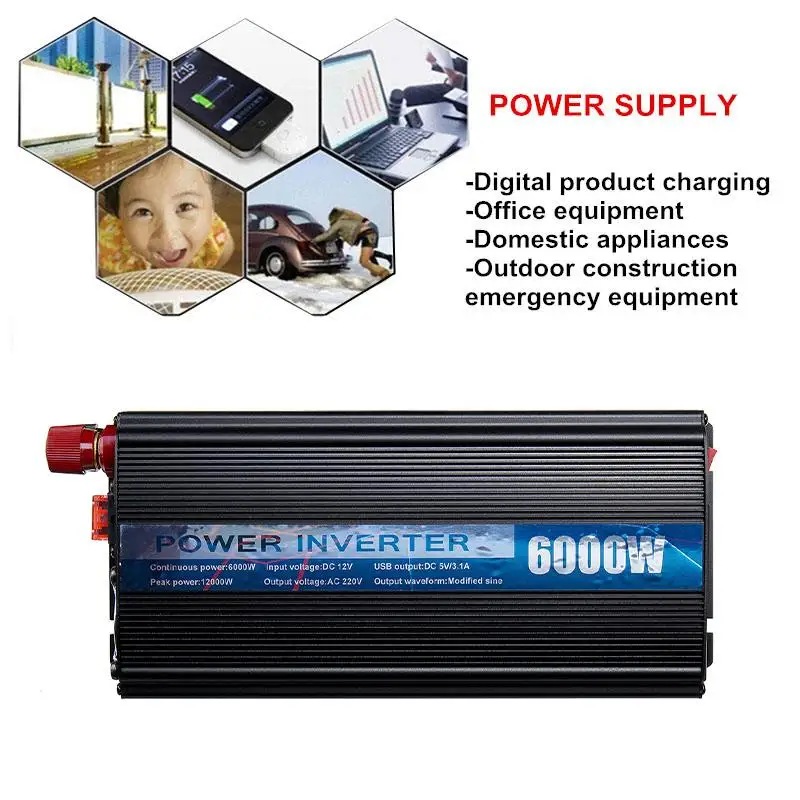 

Inverter 12V 220V 6000W 12000W Peaks Modified Sine Wave Power Voltage Transformer Converter LCD Display Car Inverter