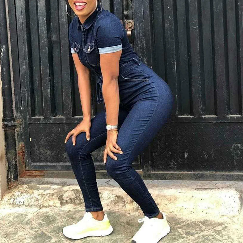Женский джинсовый комбинезон с коротким рукавом синий Повседневный Облегающий