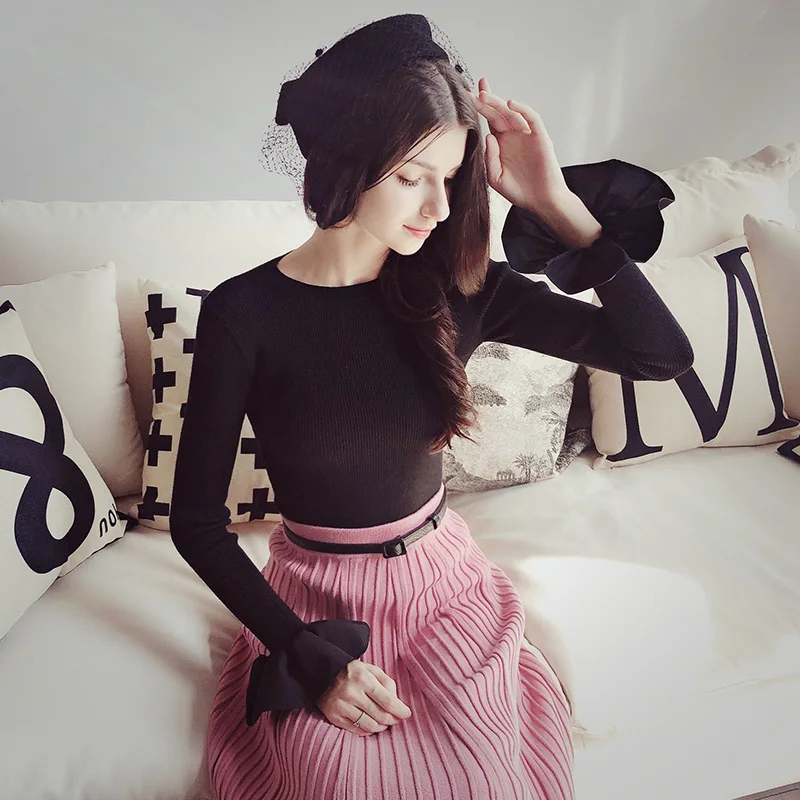 Dabuwawa Ruffled Knitted Women Sweater Flare Sleeve Button Female Pullover Jumper Slim Fit Ladies Turtleneck DN1DJS018 | Женская одежда