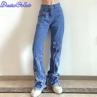 denimcolab 2021 fashion printing flared pants jeans women fringe high waist pants casual office lady jeans trousers denim cowboy