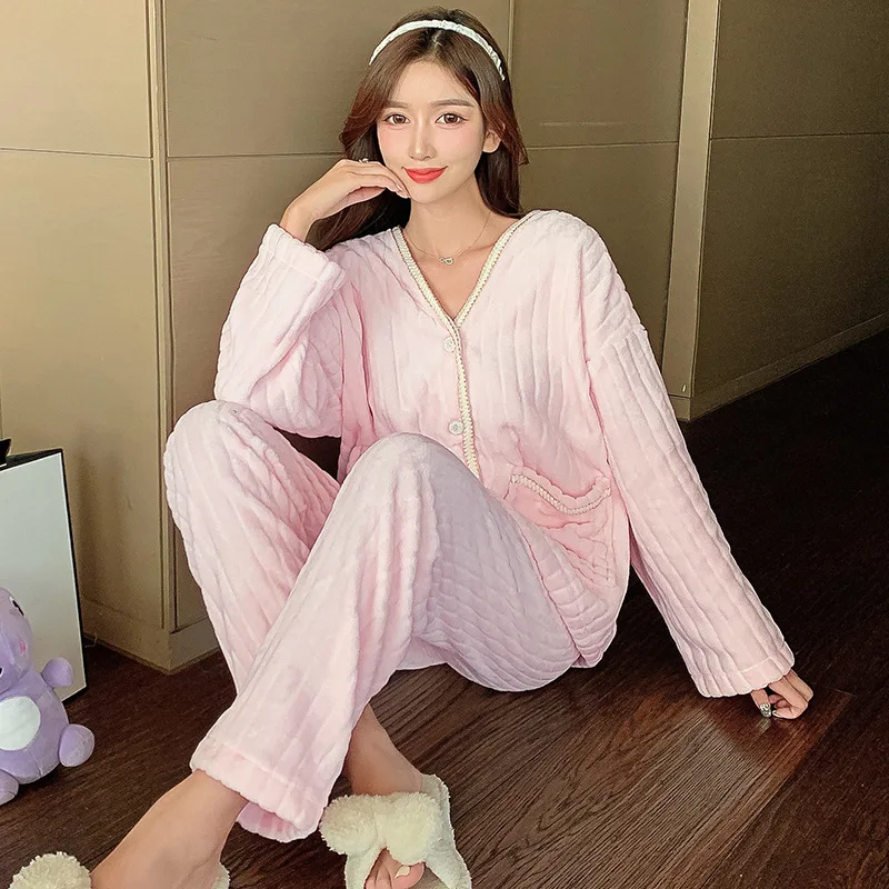 Fall and Winter Pajamas Flannel Suit 2 Piece Women Long Sleeve Sweet Wind Coral Fleece Home Women Loungewear  Sleepwear Women
