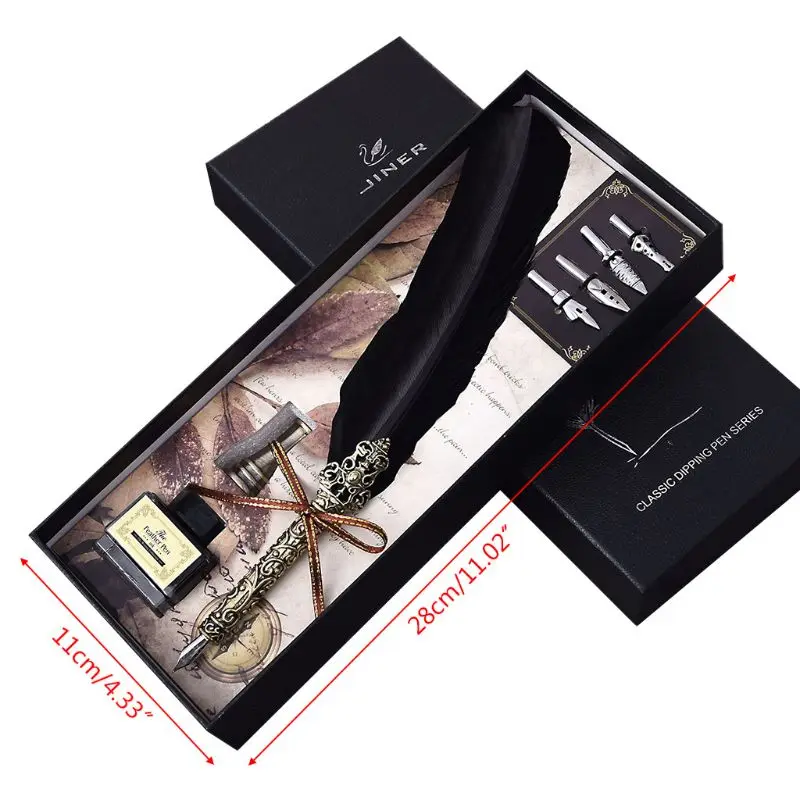 

Vintage Handmade Feather Quill Dip Fountain Pen with Ink Nibs English Calligraphy Writing Stationery Wedding Gift