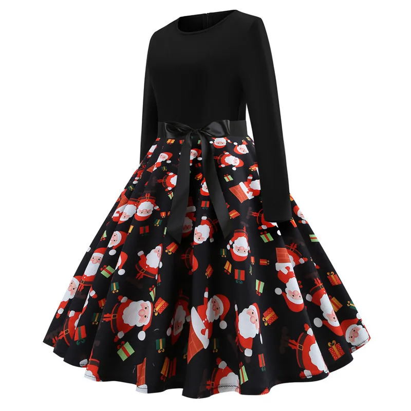 

Winter Christmas Dresses Women Vintage Robe Swing Pinup Elegant Party Dress Long Sleeve Casual Plus Size Print Black 2021 New