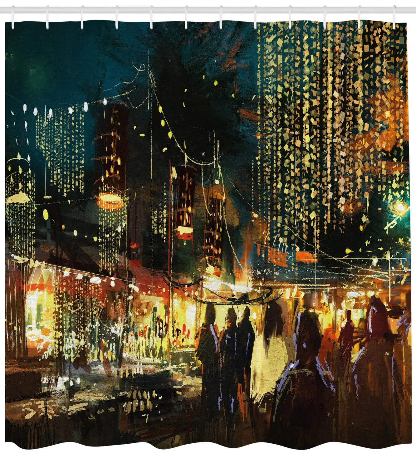 

Night Shower Curtain City Street Colorful Art Print for Bathroom