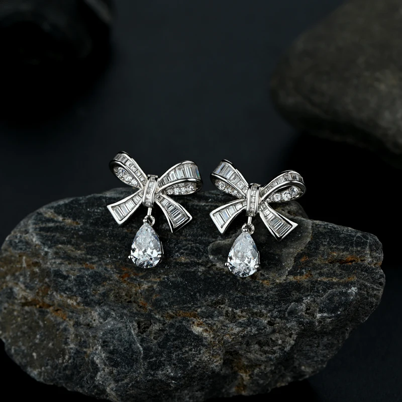 

Knobspin 100% 925 Sterling Silver Bowknot Water Drop Wedding Stud Earrings For Women High Carbon Diamond Party Fine Jewelry Gift