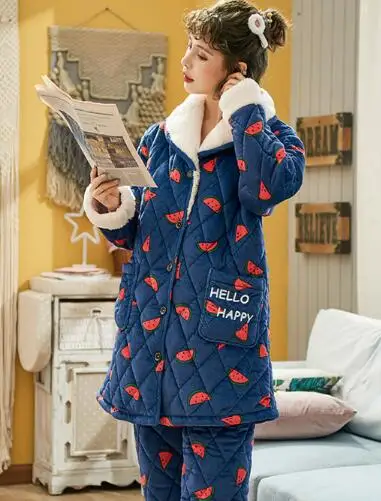 Fdfklak толстый теплый женский зимний пижамный комплект трехслойная стеганая
