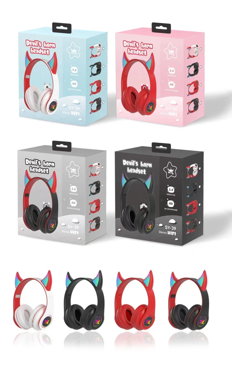 Devil Bluetooth Headphone with Mic for Kids Child Cute Stereo Bass Music FM Wireless Headset Gamer Support TF Card Boy Girl Gift images - 6