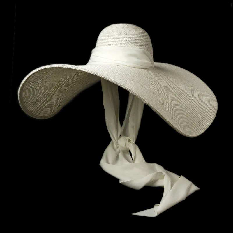 ผู้หญิงสีขาว25ซม.ขนาดใหญ่หมวกผ้าไหม Ribbon Tie หมวกปีกกว้าง Giant Beach หมวกฤดูร้อน kuntucky Derby หมวกหมวก