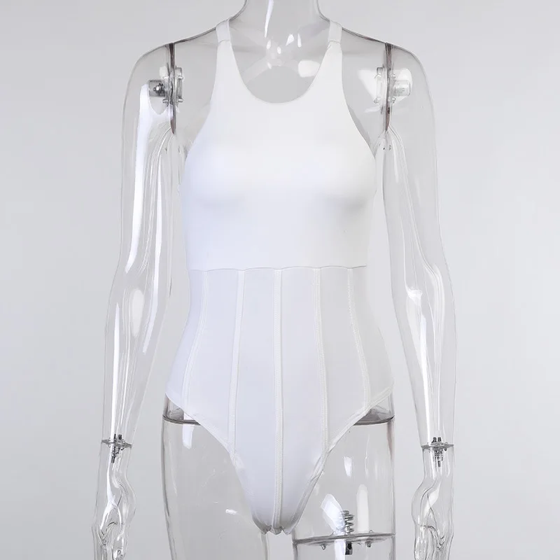 

Fashion Women Bodysuit Sexy Skinny Halter Solid Color Bodysuit Top Sleeveless Cross Straps Open Back Lingerie Romper Top
