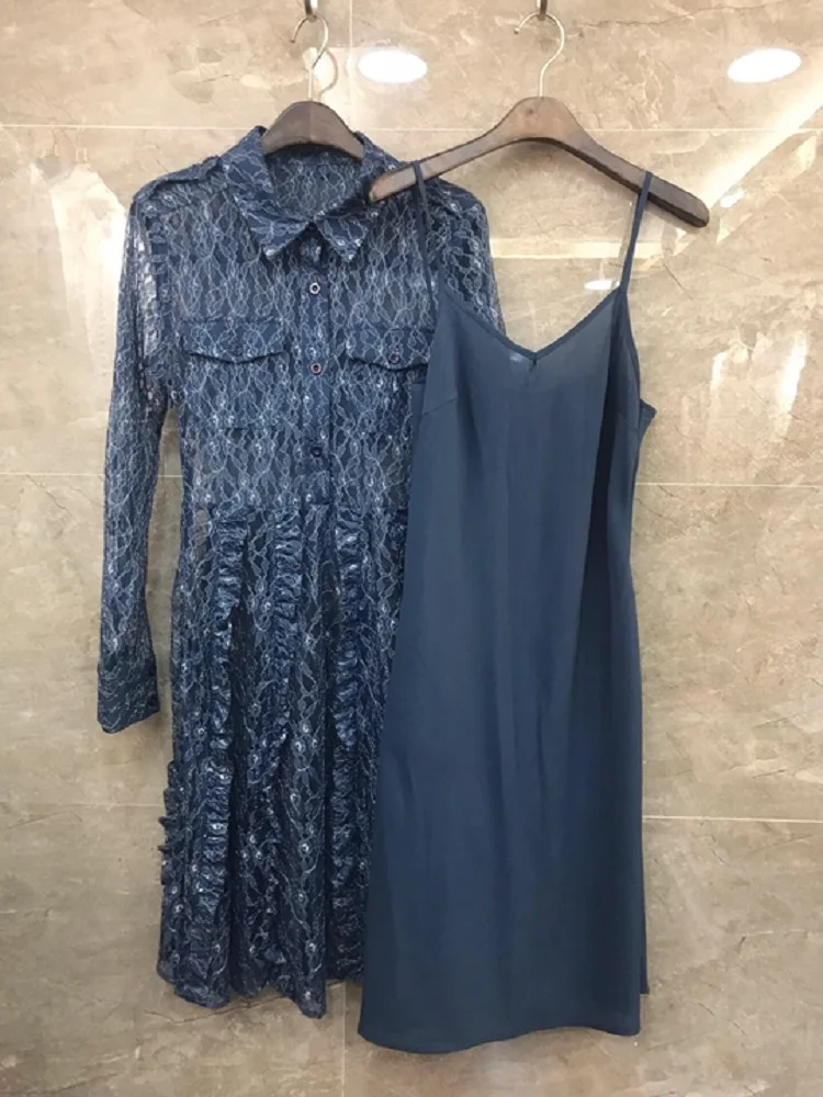 

High Quality Lace Dress 2020 Spring Summer Style Women Turn-down Collar Chest Pocket Patchwork Full Sleeve Sexy Long Shirt Dress