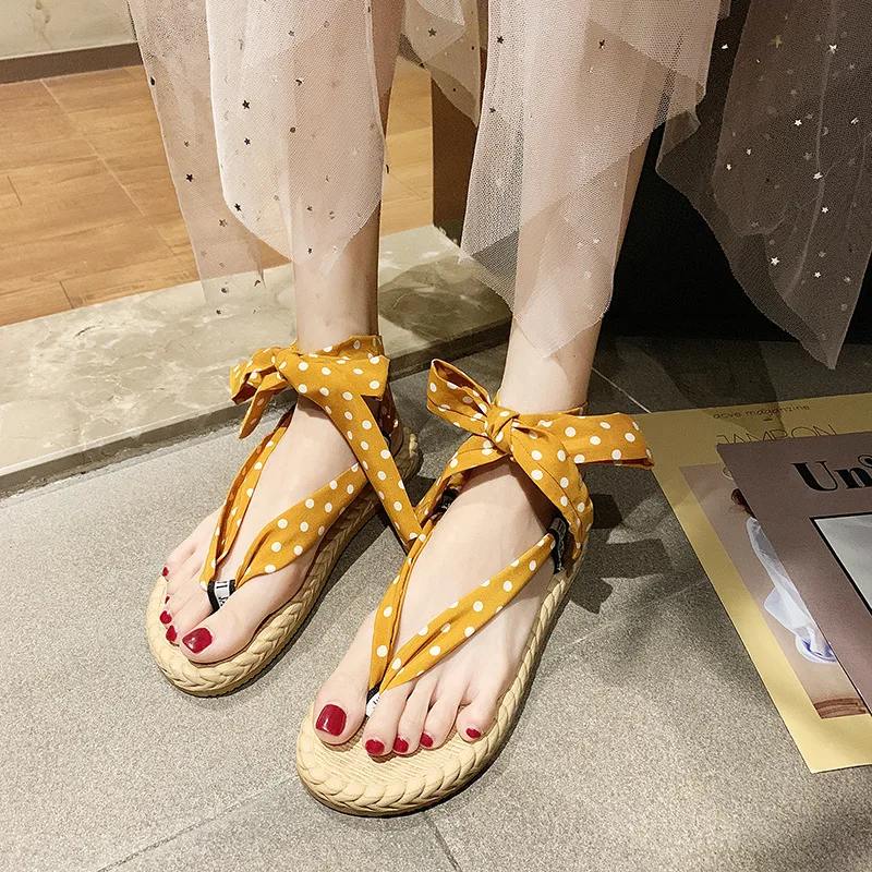 

Women's shoes 2020new fairy shoes ins net red floral Bohemian cross tie dot sandals Balanced lightweight wear-resistant non-slip