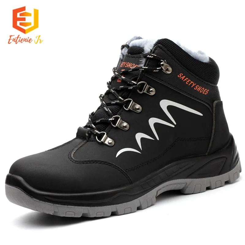 

ETIENNE JR Men Steel Toe Safety Shoes Mid Top Puncture Proof Work Shoes Lightweight Warm Waterproof Velvet Construction Sneakers
