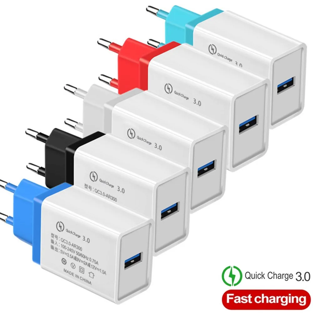 EU/US быстрое зарядное устройство QC 3,0 для мобильных телефонов через USB кабель для зарядного устройства для быстрой Зарядное устройство стены Зарядное устройство для samsung Xiaomi huawei iphone X, 6, 7, 8, 11 Зарядное устройство