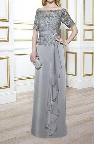 

Sliver Mother Of The Bride Dress 2021 A-Line Lace Applique Half Sleeve Wedding Guest Mother Gown Chiffon Boat Neck Evening Dress