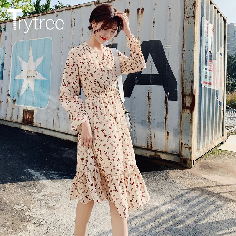 Trytree 2020 весеннее женское платье повседневное v образный вырез рукав фонарик а