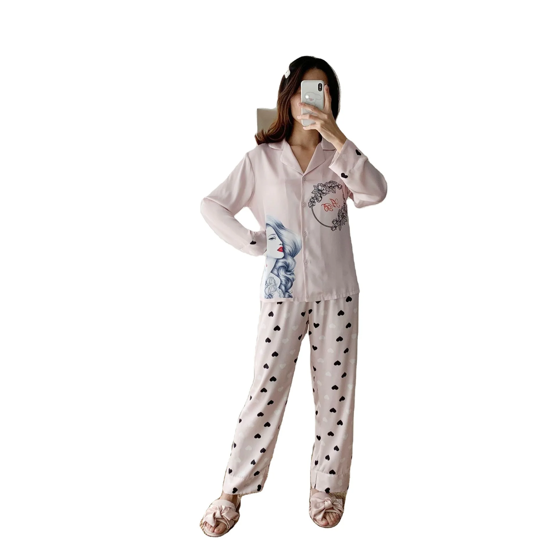 

Pink Printed 2PCS Pajamas Suit Women Nightwear Sleepwear Casual Satin Homewear Intimate Lingerie Satin Pyjamas Home Clothing