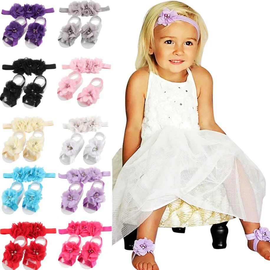 20set/Lot,Baby Barefoot Sandals,Flower Headband For Girls,New Born Infant Rhinestone Flower Sandals. Children Hair Accessories