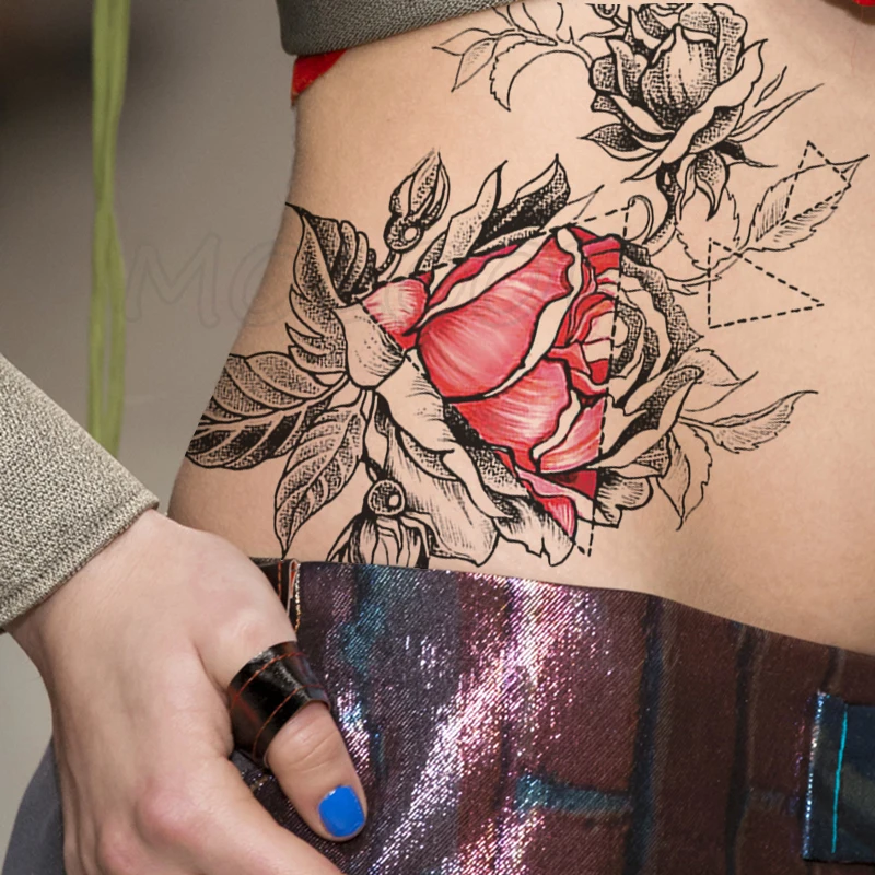 Временная тату наклейка с розовыми розами змея поддельные татуировки
