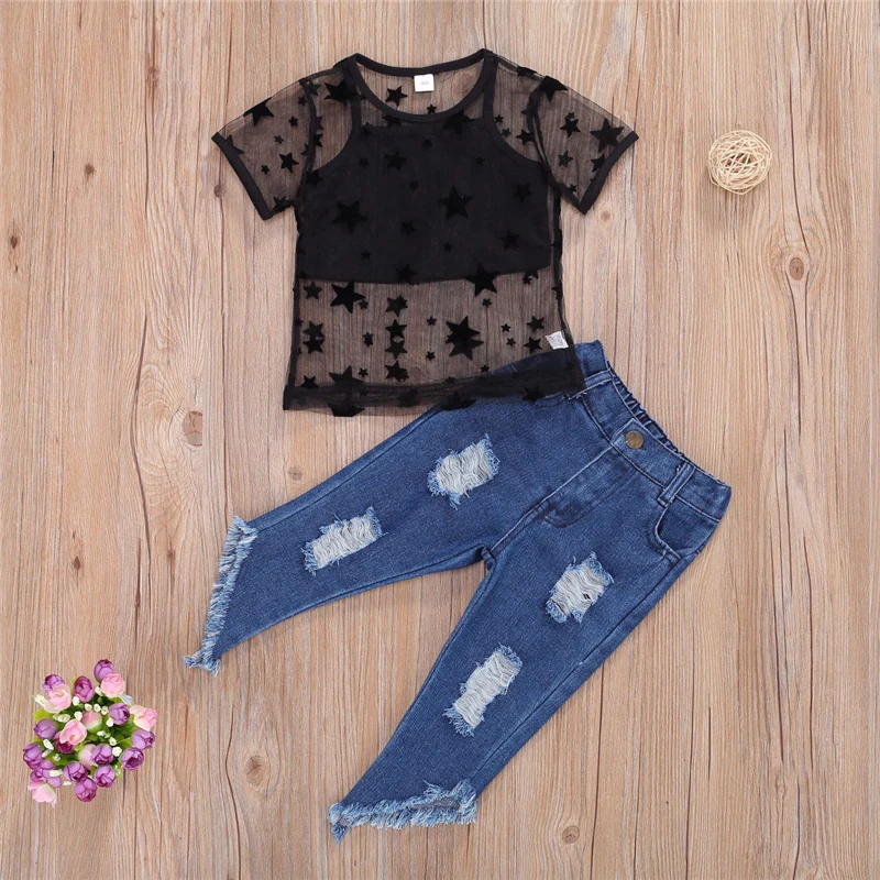 Girls Clothes 2020 Kids Baby Mesh Set Summer Toddler Infant 3PCS See Through Top Vest Denim Shorts Pants Clothing Outfits | Детская