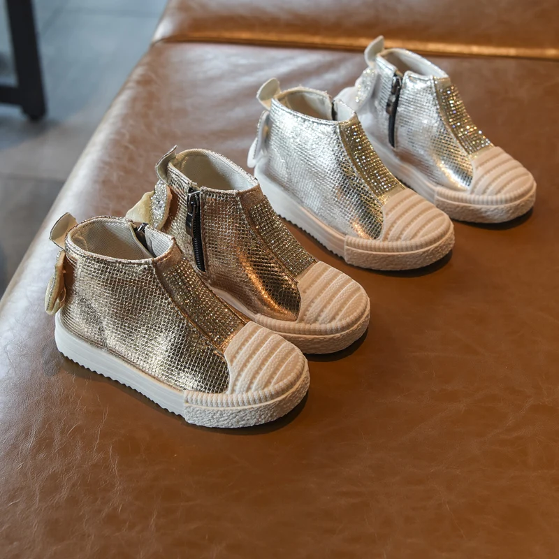 Bakkotie 2019 Baby Autumn Girls Sparkling Casual Shoes Kids Fashion Bowtie Breathable High Sneakers Toddler Silver Sports |