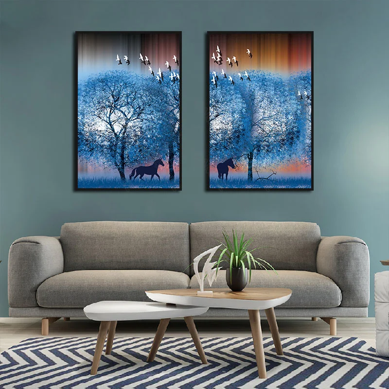 

Flying Birds In Classical Impressionic Painted Forests with Horse Beauty View Background Poster Decorative Living Room Furniture