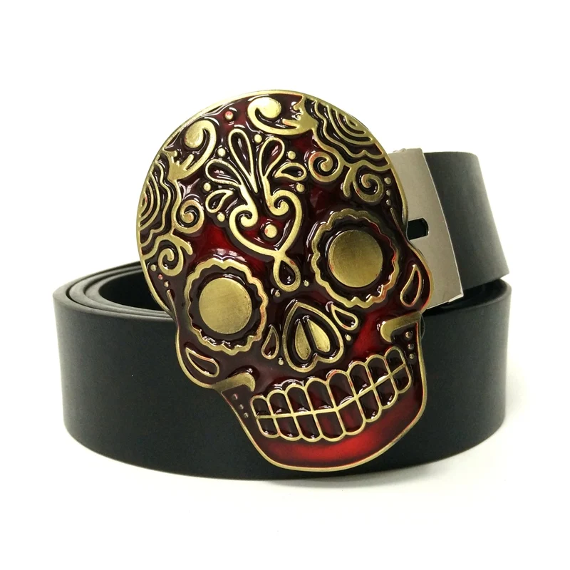 New Punk Rock Red Mexican Skull Big Metal Buckle Mens PU Leather Belts Western Cowboy For Men Jeans Cool Male Accessories Gifts