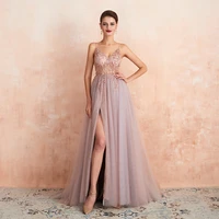 sexy spaghetti straps evening dresses 2020 new arrival v neck rhinestones beading formal prom gowns with slit robe de soiree