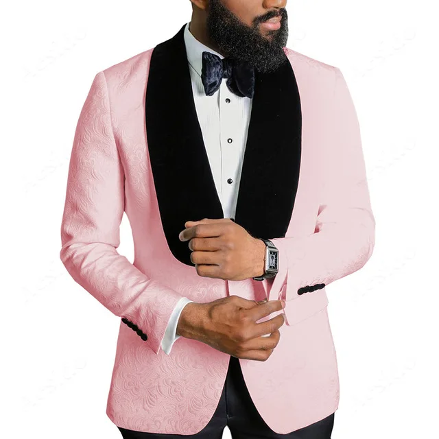 

Мужские костюмы из 2 предметов с розовым и белым рисунком, черный костюм с воротником-шалью, мужские смокинги для жениха, Свадебный блейзер для жениха, 2 шт. (пиджак + брюки)