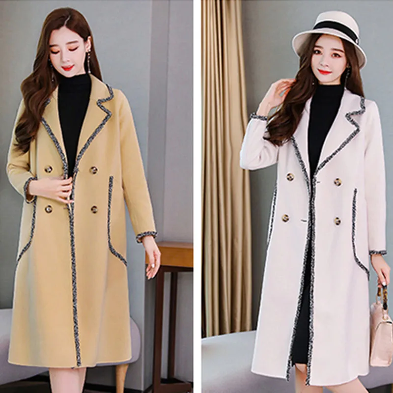 

Women Blended Woolen Overcoat Autumn Winter New Temperament Elegant Slim Woolen Coat Long Sleeves Solid Western Style Outerwear