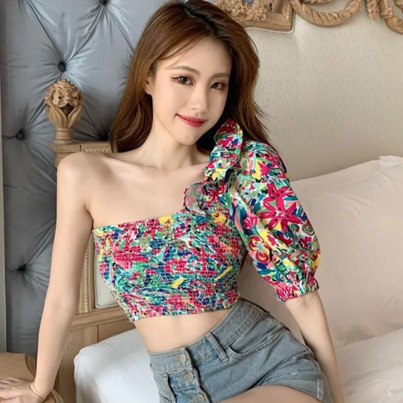 

2021 Korean Floral Printed Ruffled Blouses Irregular Sexy Sweet Slim Chiffon Shirts Summer Women Clothing Ruffled Female Shirts