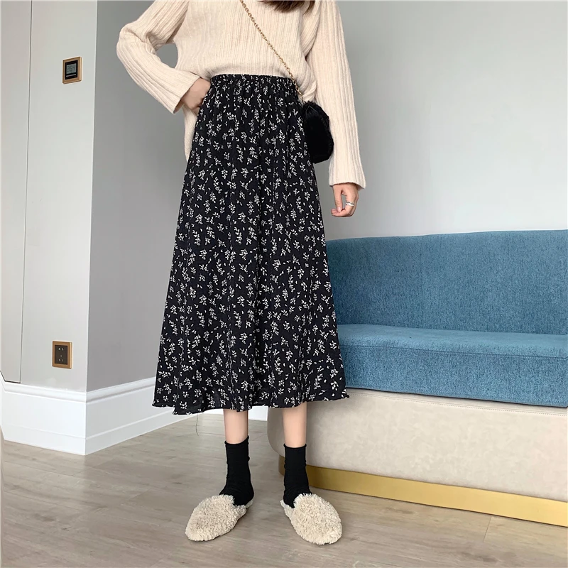

Spring and Autumn Retro Long Skirt Women All-match Female Student A-line Printed Maxi Skirt High Waist Skirts NS2452