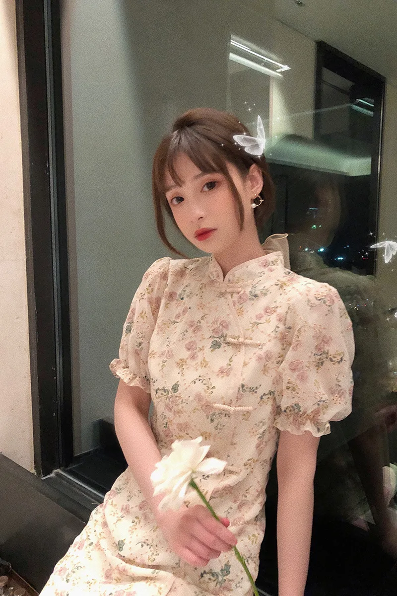 

Modified cheongsam dress women 2021 new temperament goddess fan gentle wind young girl floral skirt