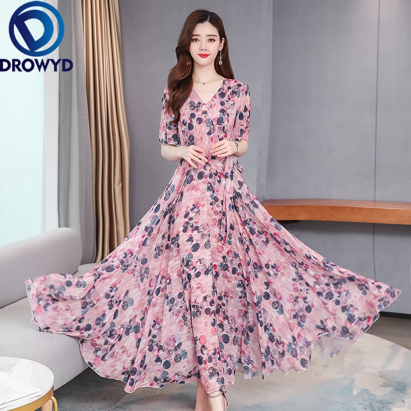 

Summer Maxi 4XL Dress Fashion Women Green Print Sexy V-neck Chiffon Floral Boho Tropical Party Elegant Runway Dresses Vestidos