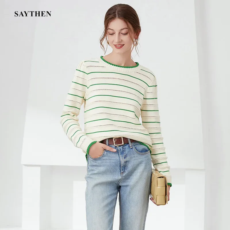 

SAYTHEN Knit Sweater Women's Autumn Winter New Designer Style Striped Sweet Cute Sweater Loose Hollow Out Pullover YS1254