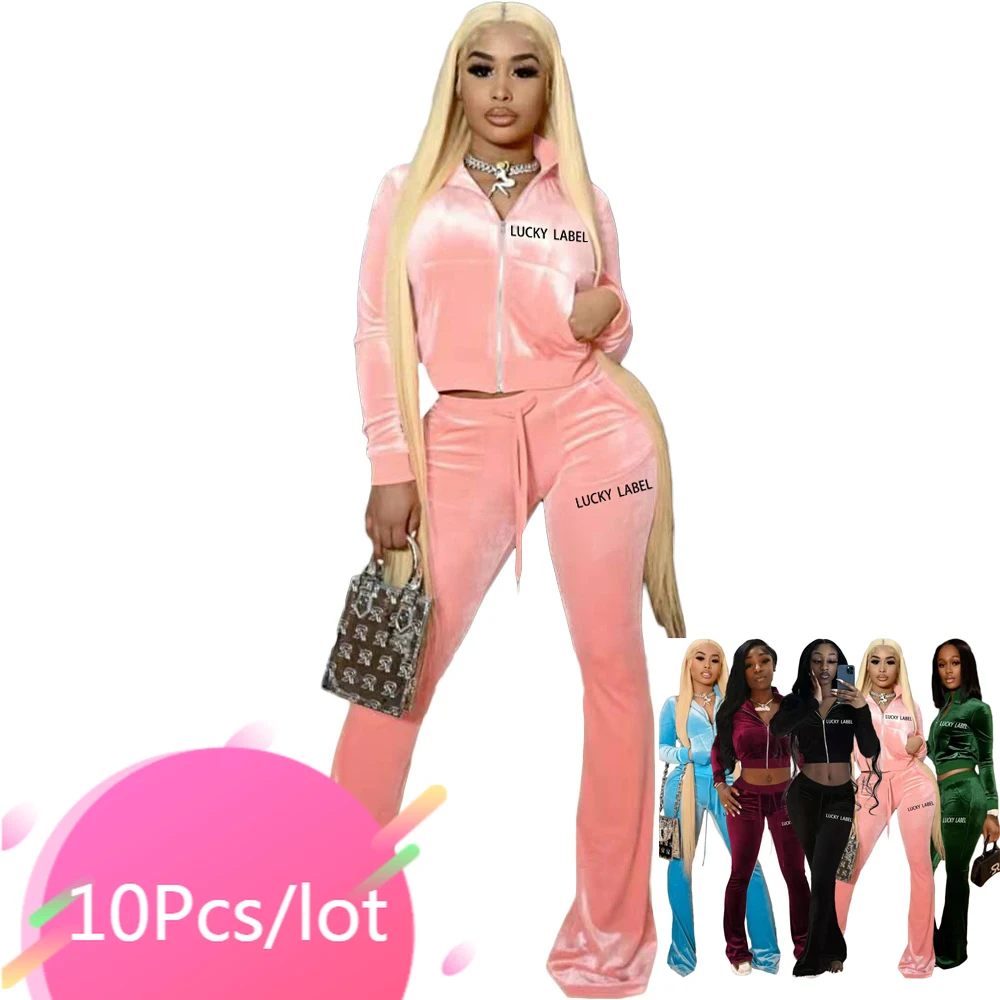 

Bulk Item Wholesale Lots Fall Clothes for Women Velevet Two Piece Set Letter Print Zipper Tops Flare Pants Suit Sports Tracksuit