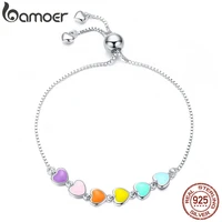 bamoer rainbow color enamel heart bracelet for women heart shape 925 sterling silver chain bracelet anti allergy jewelry scb158