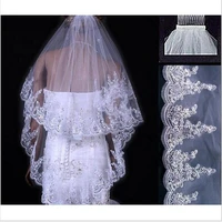 real photo white ivory women bridal veils 2020 wedding veils 2 layers handmade beaded lace edge with comb wedding accessories
