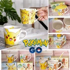Керамическая кофейная чашка Pokemon Pikachu, домашний завтрак, 250 мл, семейный креативный детский подарок, набор из 3 предметов, чашка, ложка, подставка