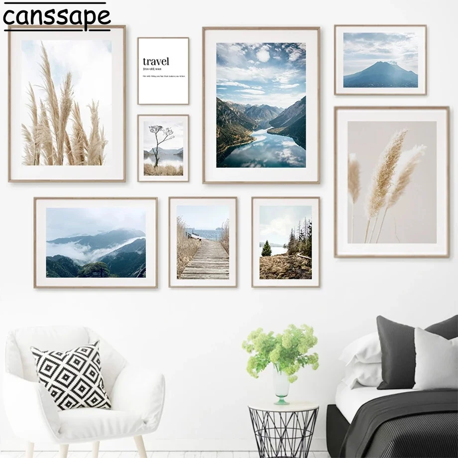 

Mountains Rivers Wall Art Prints Reed Canvas Posters Wooden Bridge Art Paintings Volcanic Print Landscape Aesthetic Room Decor
