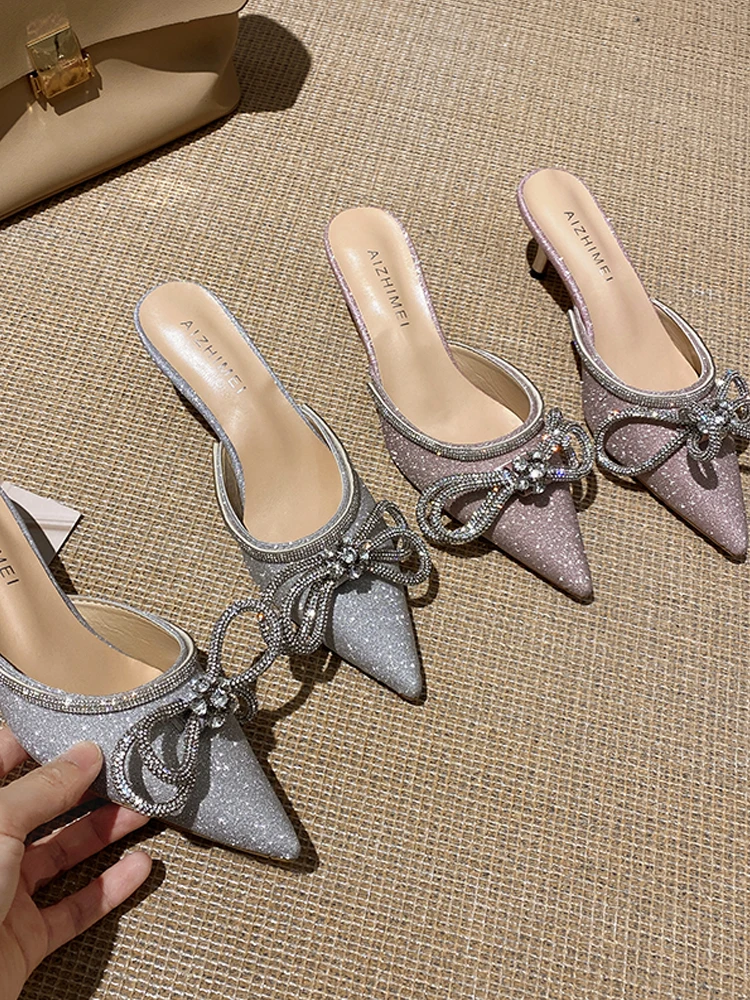 

Flat Shoes Female Woman's Slippers Slides Thin Heels Butterfly-Knot Med Fashion Jelly Flip Flops Shallow Heeled Mules Cover Toe