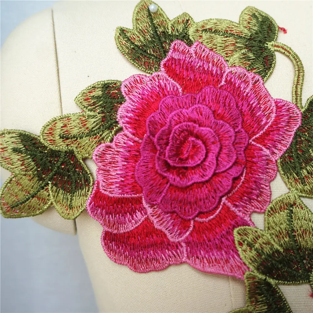 Розовый красный вышитый 3D цветок листья платье Аппликации кружевной ткани