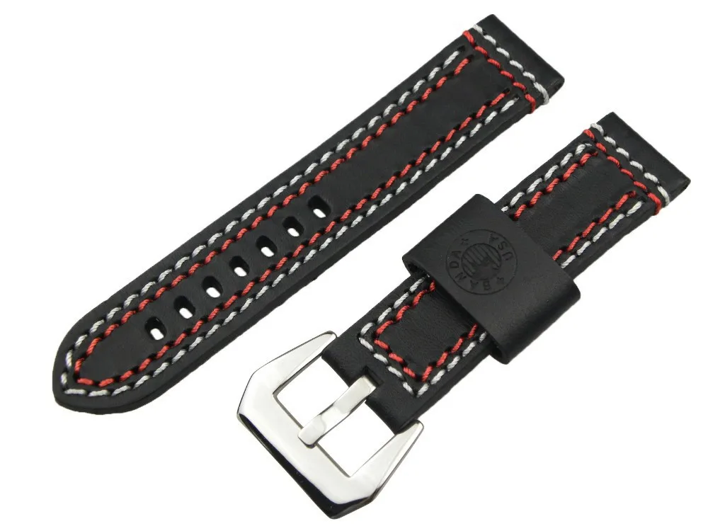 Rolamy 22mm Men Lady Black Band with Red White Stitches Real Calf Leather Thick Style Strap Wrist Watch band Belt For Panerai | Наручные