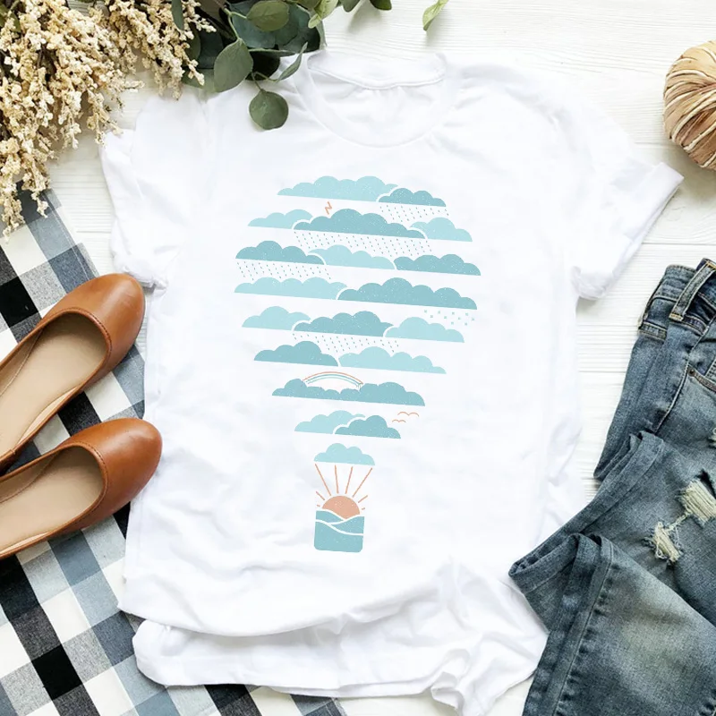 

Women Lady T Shirt Hot Air Balloon Printed Tshirt Ladies Short Sleeve Loose Tee Shirt Women Female Tops Clothes Graphic T-shirt
