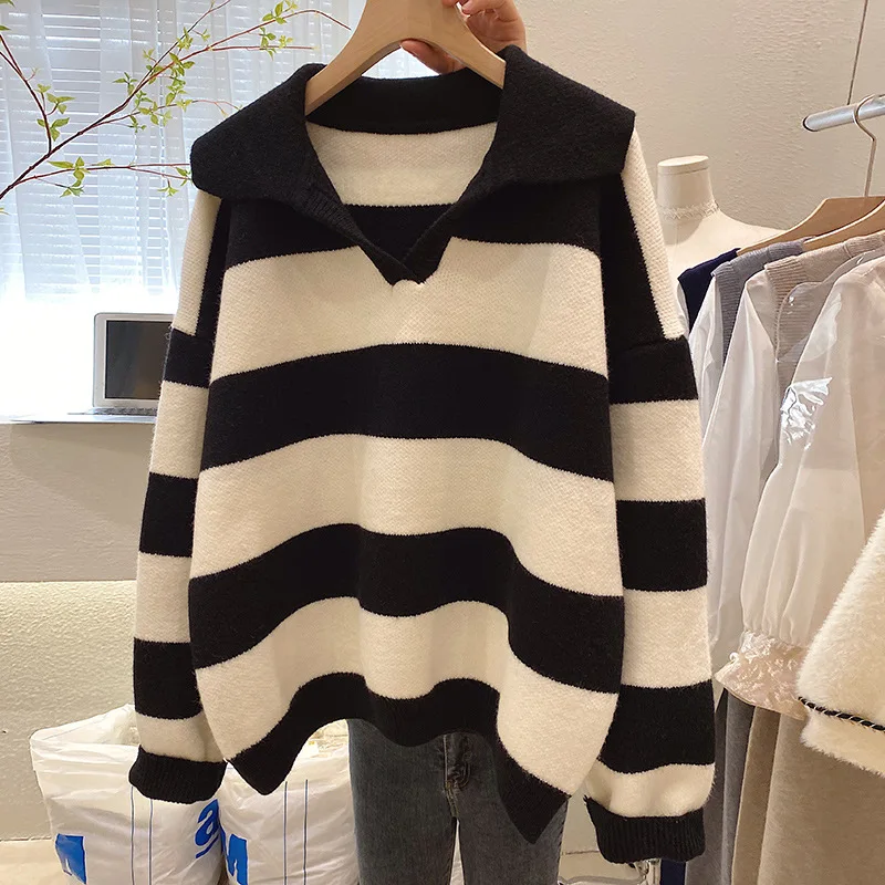 

Autumn 2021 New French Retro Lazy Wind Loose Pullover Polo Sweater Striped Sweater Women