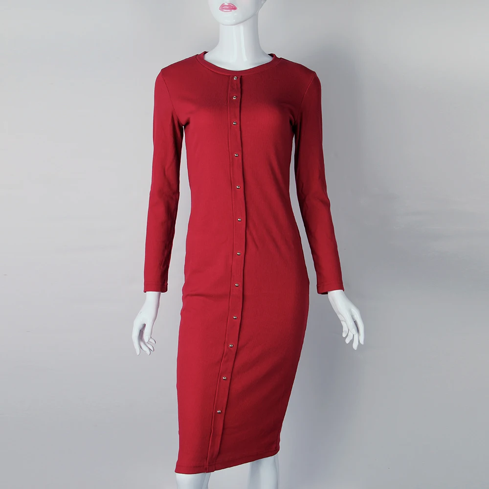 

Package Hip Bodycon Dress Autumn Winter Women Knit Dress Mid-calf Office Dresses 2021 Fashion Casual Buttons Warm Robe LX062